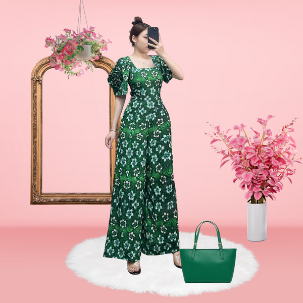 Elegant Green Floral Jumpsuit with Puff Flower Sleeve