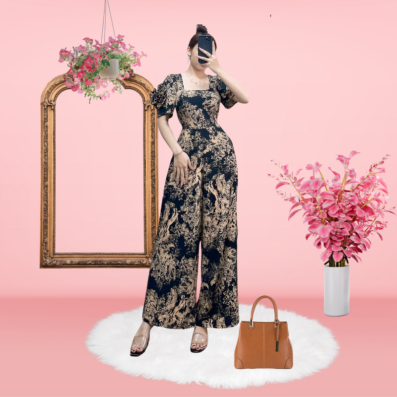 Brown Black Party Jumpsuit with Puff Flower Sleeve