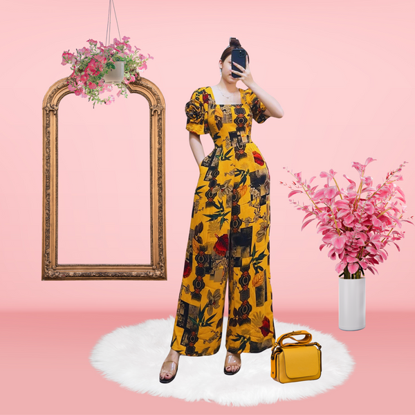 Mustard Floral Sexy Jumpsuit Flower Sleeve