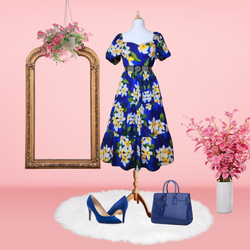 Royal Blue With Floral Print Free Size Maxi Dress For Woman