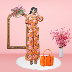 Orange Set of Silk Blouse and  Pants