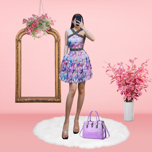 Purple Pastel Floral Sexy Halter Sleeve Mini Dress