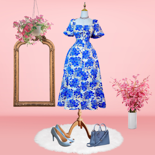 Blue Floral Sexy Puff Off Shoulder Maxi Dress