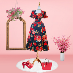 Red Floral Puff Sleeve Maxi Dress