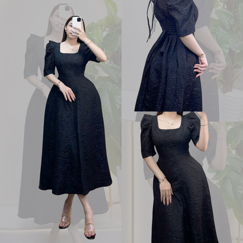 Plain Black Casual Party Puff Sleeves Dress