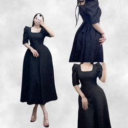 Plain Black Casual Party Puff Sleeves Dress