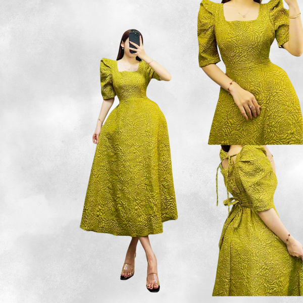 Olive Green Casual Party Maxi Dress with Puff Sleeves for Woman