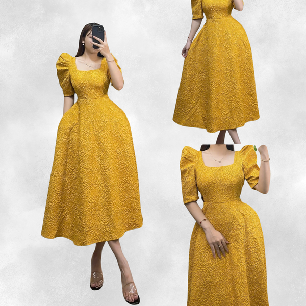 Yellow Casual Party Maxi Dress with Puff Sleeves for Woman