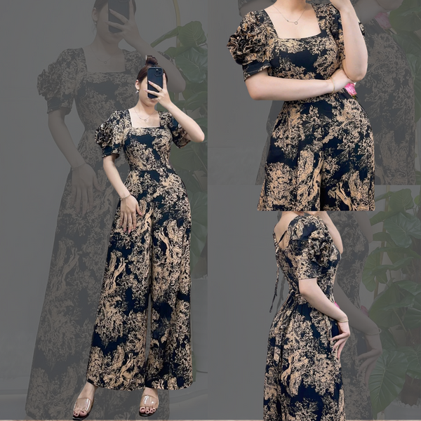 Brown Black Party Jumpsuit with Puff Flower Sleeve