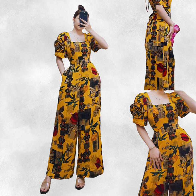 Mustard Floral Sexy Jumpsuit Flower Sleeve