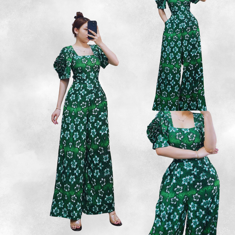 Elegant Green Floral Jumpsuit with Puff Flower Sleeve