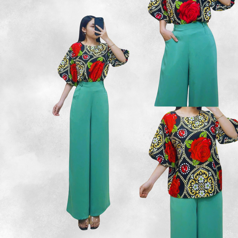 Mint Red Set Silk Blouse and Pants