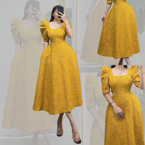 Yellow Casual Party Maxi Dress with Puff Sleeves for Woman