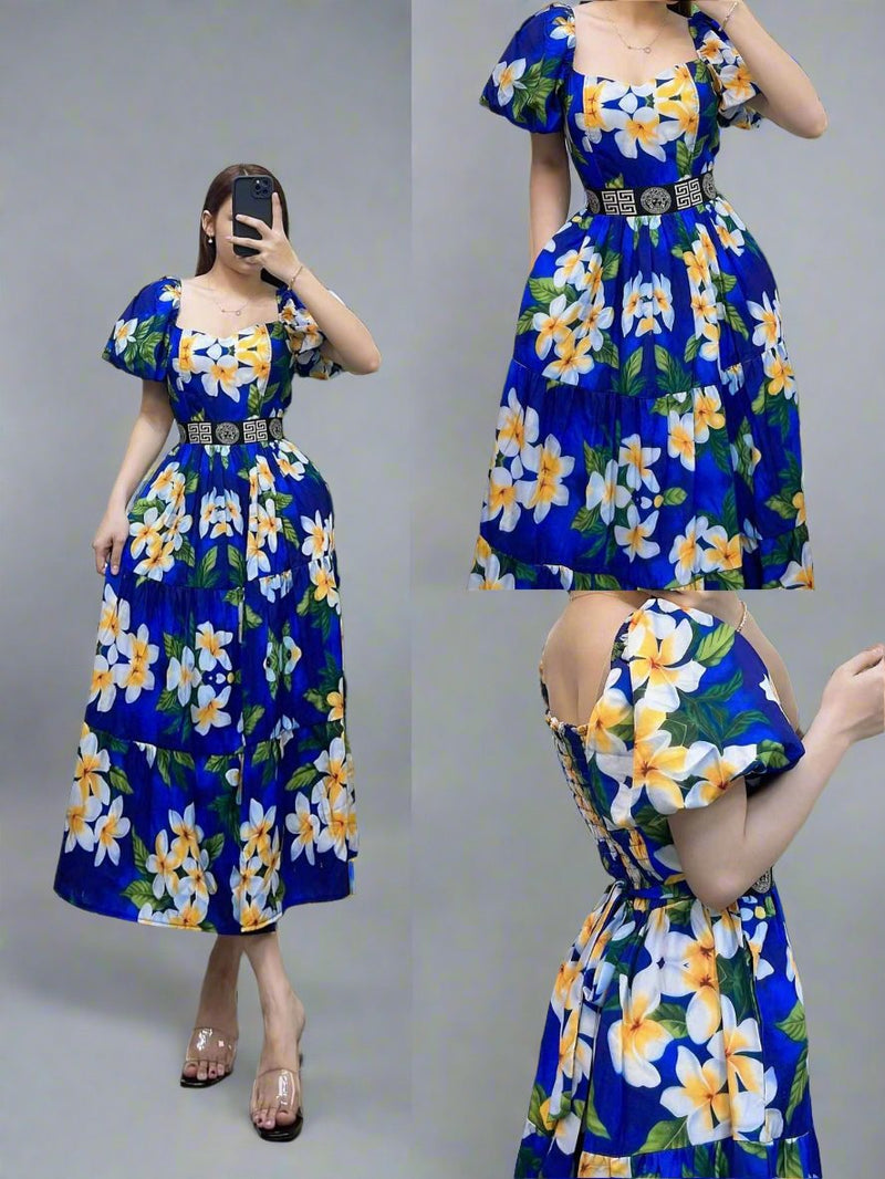 Royal Blue With Floral Print Free Size Maxi Dress For Woman