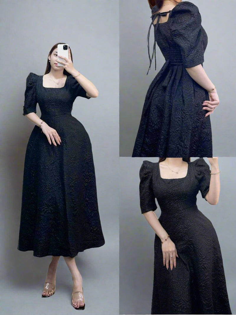 Plain Black Casual Party Puff Sleeves Dress