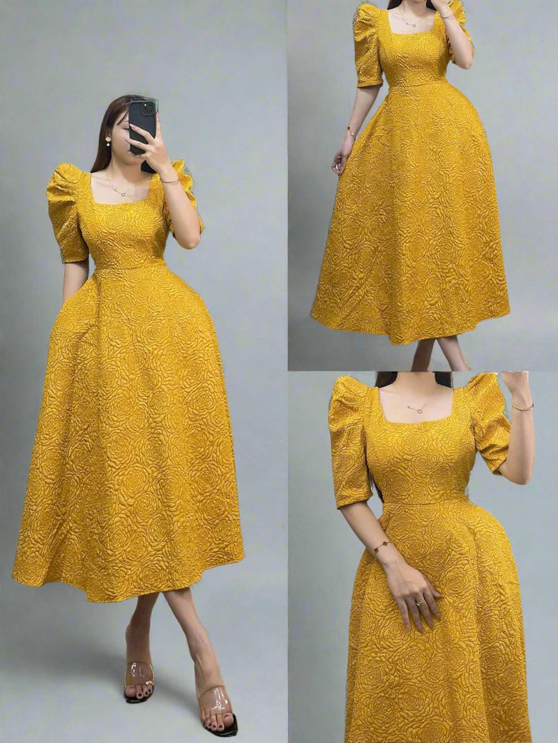 Yellow Casual Party Maxi Dress with Puff Sleeves for Woman