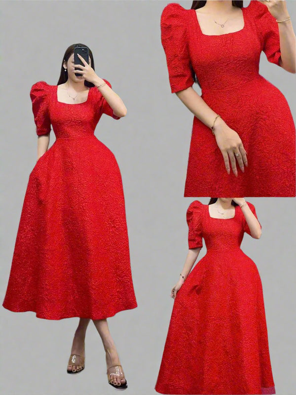 Plain Red Casual Party with Puff Sleeves Maxi Dress